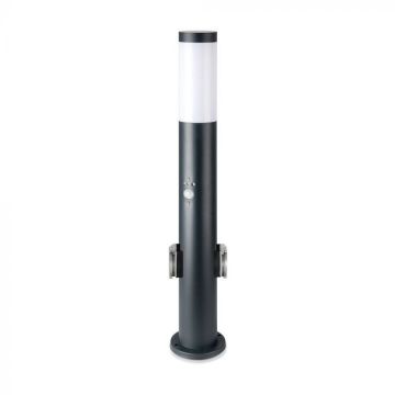 V-TAC paletto piantana portalampada E27 60cm da giardino con 2 prese schuko e sensore movimento colore grigio IP44 - 8976