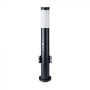 V-TAC Paletto LED da Giardino 60cm piantana  Portalampada E27 + 2 Prese Schuko e Sensore di Movimento Nero IP44