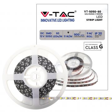 V-TAC Strip LED SMD5050 striscia 11W/m 5m 60 LED/m 12V luce calda 3000K IP20 10 mm – SKU 212122