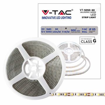 V-TAC VT-5050 Striscia 300 LED SMD 5050 strip 5Mt 11W/mt IP65 60led/mt 12v Bianco Naturale 4000K - 212150