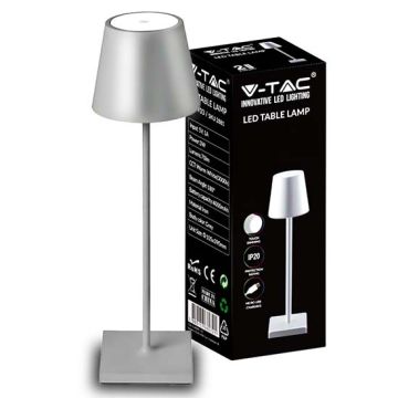 V-TAC VT-7703 Lampada da tavolo LED 3W bianco naturale 4000K con batteria 4000mA pulsante ON/OFF dimmerabile touch colore argento IP20 - SKU 2882