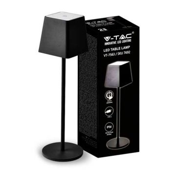 V-TAC VT-7563 Lampada da tavolo LED 2W bianco caldo 3000K con batteria 4400mA pulsante ON/OFF dimmerabile touch colore nero IP54 - SKU 7692