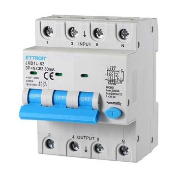 Interruttore magnetotermico Differenziale 3P+N 63A 4.5kA 30mA 380V 4 Moduli DIN Ettroit JXB1L-63-3P+N-63A