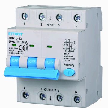 ETTROIT JX266361 Magnetotermico Differenziale 3P+N 63A 30mA 380V-6KA - 4 Moduli Din