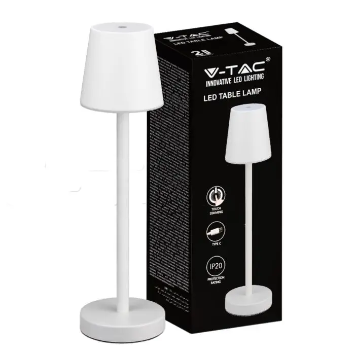 V-TAC Lampe de table LED 3W batterie rechargeable couleur blanche USB C  Touch Dimmable 4000K lampe de table de restaurant pour intérieur IP20 -  10192