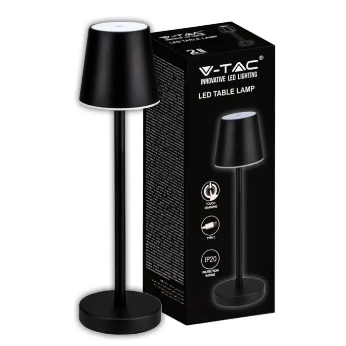 V-TAC LED Table Lamp 3W battery rechargeable black color USB C Touch  Dimmable 3000K indoor restaurant table light IP20 - 10193