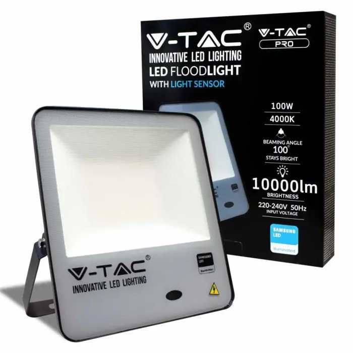 V-TAC PRO VT-117 Projecteur LED 100W avec capteur de lumière chip samsung  smd Haute Lumens blanc neutre 4000K corps slim noir IP65 - SKU 20176