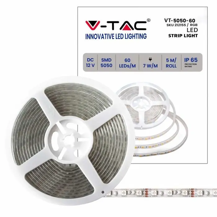 V-TAC VT-5050 Striscia LED 12V SMD5050 5M 7W/M 60LED/M 100LM/W multicolore  RGB Waterproof IP65 - SKU 212155
