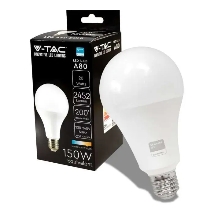 V-TAC PRO VT-233 Ampoule à puce LED Samsung SMD lampe 20W E27 120LM/W A80  blanc chaud 3000K - SKU 21237