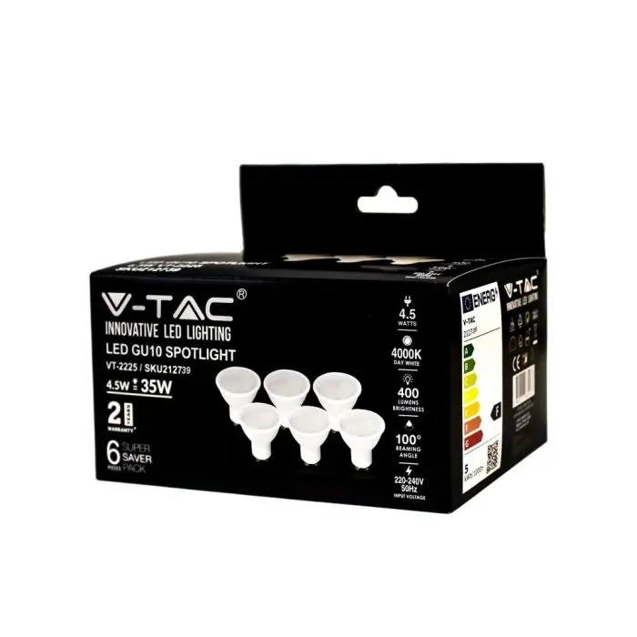 V-TAC Faretto LED GU10 5W, Luce Bianca Fredda 6400K, Copertura Satinata 110°. Confezione Da 3 Pezzi, Chip SMD. Perfetto Per Interni.