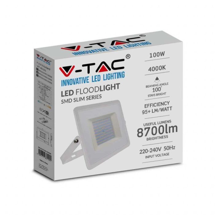 V-TAC VT-40101 Projecteur led 100W smd corps blanc - blanc chaud 3000K  E-Series ultra slim IP65 - sku 215967