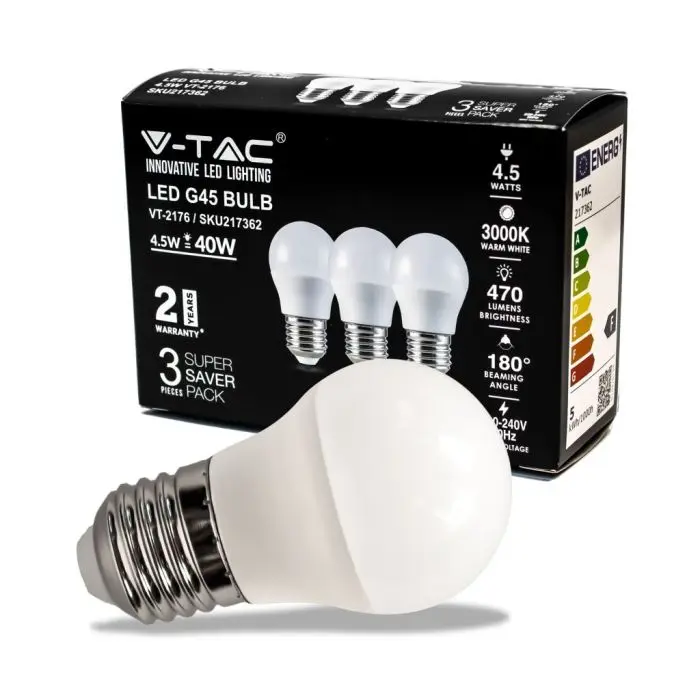 V-TAC VT-2176 Ampoule LED mini globe E27 4,5W G45 lumière blanche naturelle  4000K (Boîte 3 pièces) - sku 217363