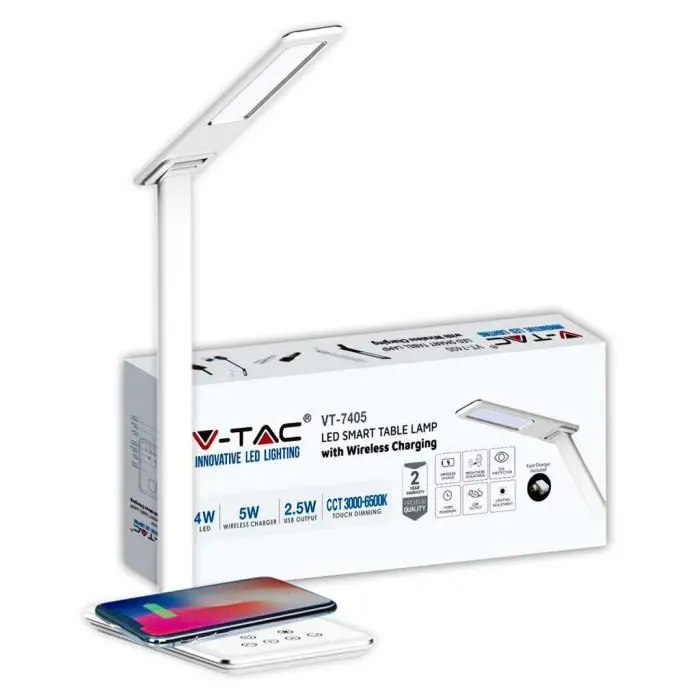 V-TAC VT-7405 Lampe de table 3 en 1 à changement de couleur tactile LED 4W  dimmable avec base de chargement sans fil corps blanc - SKU 218601