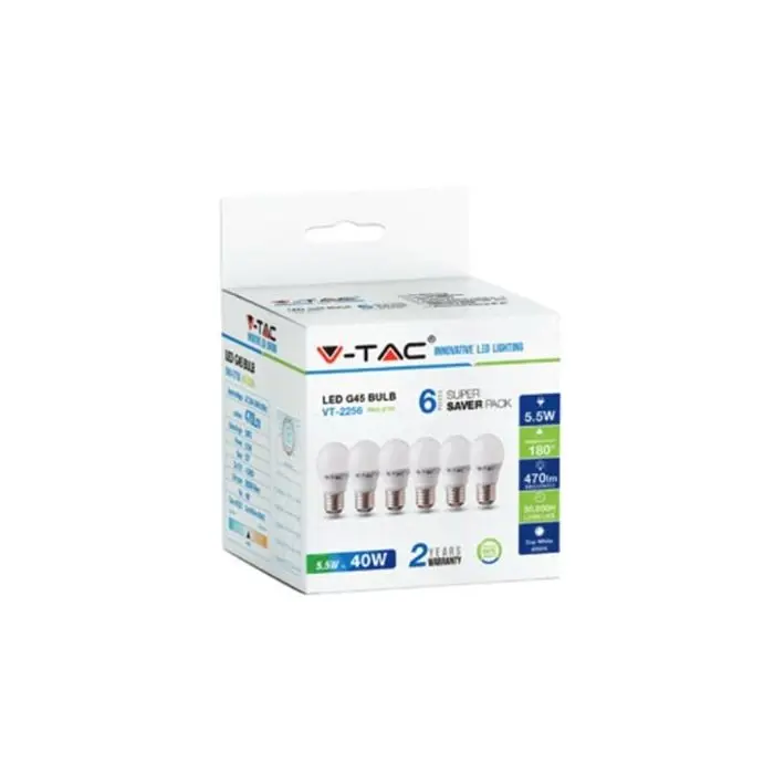 KIT Super Saver Pack V-TAC VT-2256 6PCS/PACK Ampoule LED Mini Globe G45  5,5W E27 blanc chaud 2700K - sku 2730