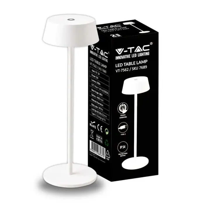 V-TAC VT-7562 Lampe de Table LED Blanc 2W Aluminium USB Rechargeable avec  Tactile Dimmable IP54 3000K sku 7689