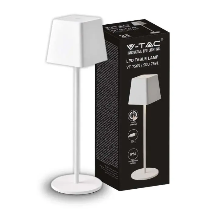 V-TAC VT-7563 Lampe de table LED Poldina 2W blanc chaud 3000K avec batterie  4400mA bouton ON/OFF tactile dimmable couleur blanche IP54 - SKU 7691