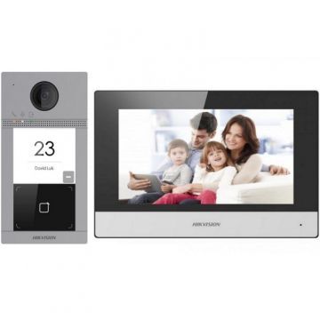 Hikvision DS-KIS604-P(C) IP-Video-Gegensprechanlage-Kit – 1 Taste, 7-Zoll-Monitor, WLAN, PoE, Mifare-Lesegerät, Video-Gegensprechanlage