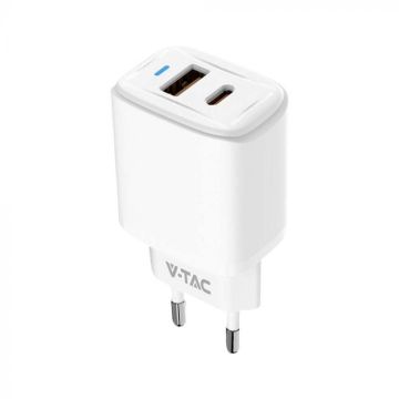 V-TAC VT-3530 Caricabatterie adattatore da viaggio USB 20W 1 PD+1 QC Bianco - 23580