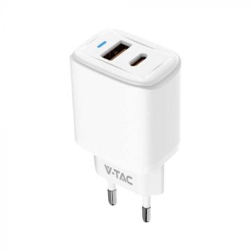 V-TAC VT-3530 Cargador adaptador de viaje USB 20W 1 PD+1 QC Blanco - 23580