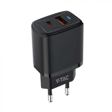 V-TAC VT-3530 Caricabatteria adattatore da viaggio USB 20W 1 PD+1 QC Colore Nero - 23581