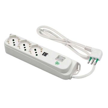 FANTON OMEGA Steckdosenleiste 3 Schuko-Bypass-Steckdosen + 2 USB-A 5V 2,1A-Steckdosen, 1,5 m Kabel. Italienischer Stecker 10A+ leuchtender automatischer Überlastschalter 474504ECO