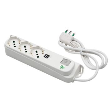 FANTON OMEGA Steckdosenleiste, 3 Schuko-Bypass-Steckdosen 16A + 2 USB-A-Buchsen 5V 2,1A, 1,5 m Kabel. Italienischer Winkelstecker 16A 47450