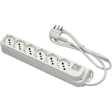 OMEGA-Steckdosenleiste, 6 Schuko-Bypass-Steckdosen 2P+E 16A, 1,5 m Kabel. großer Stecker 16A + beleuchteter Bipolarschalter FANTON 40430