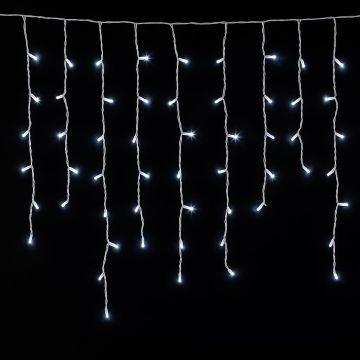 ETTROIT 200 LED Light Curtain, 5m, White Light, White Cable, IP65, Extendable, Flash Effect, With hanging wires at alternating lengths (30-70-40-60 cm) for a cascade effect