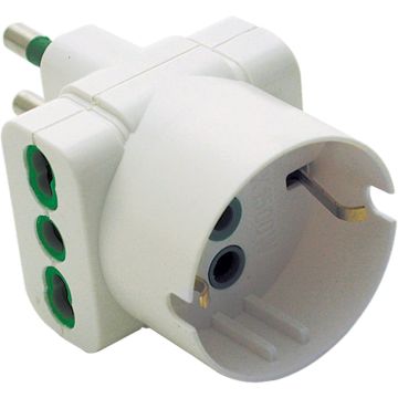 FANTON 82190 Dreifachadapter italienischer Stecker 2P+E 16A auf 2 italienische Bypass-Steckdosen und 1 italienisch/deutsche Schuko-Steckdose 2P+E 16A