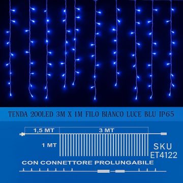 ETTROIT Tenda Luminosa 200 LED, 3Mt, Luce Blu, Cavo Bianco, IP65, Prolungabile, Effetto Flash , Con fili uniformi da 1 metro , ghirlanda nataliza, negozi, balcone natale
