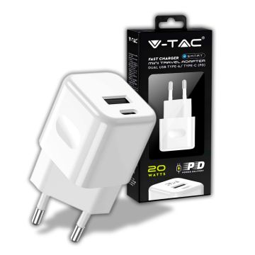 V-TAC VT-5320-B USB charger fast charging 20W 1 PD+1 QC 3A travel adapter white - sku 6678