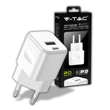 Chargeur de voyage V-TAC avec câble de charge rapide Chargeur USB type-C  2,1A - 8647