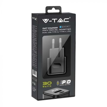 V-TAC VT-5330-B USB charger fast charging 30W 1 PD+1 QC 3A travel adapter black - sku 6679