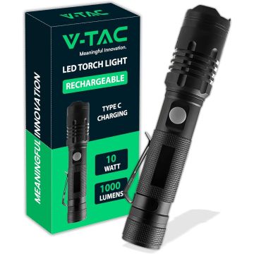 V-TAC VT-9910 10 W LED-Taschenlampe mit wiederaufladbarem USB-C-Akku, 100 lm/W, IP54, 240 m Entfernung, Notfalllampe – 23338