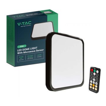 V-TAC Plafoniera led 18W sensore di movimento microonde + telecomando IP44 quadrato nero  4000K - 76721