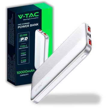V-TAC VT-10000-W power bank 10000Ah with fast charging 22.5W PD ultra-thin white color - 7832