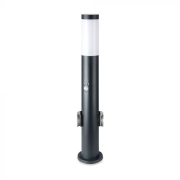 V-TAC E27 60cm garden lamp holder post with 2 Schuko sockets and motion sensor gray color IP44 - 8976