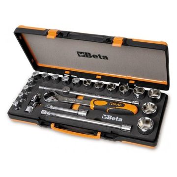 Coffret métallique avec 17pcs. 1 cliquet réversible 1/2" avec 17 douilles 6 pans et accessoires Beta 920A/C17M