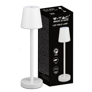 V-TAC LED Table Lamp 3W rechargeable battery white color USB C Touch Dimmable 4000K restaurant table light for indoor IP20 - 10192