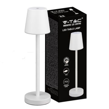 V-TAC Lampe de table LED 3W alimentée par batterie rechargeable couleur blanche USB C Touch Dimmable 4000K lampe de table de restaurant intérieur IP20 - 10192