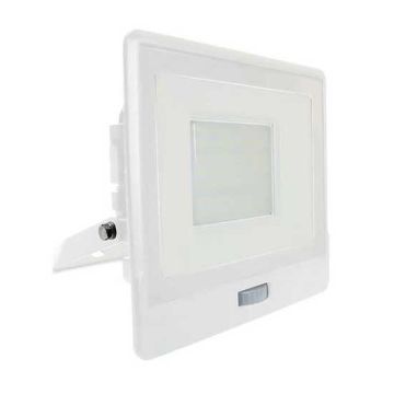 V-TAC VT-158S faro led 50W chip samsung con sensore di movimento PIR e crepuscolare bianco naturale 4000K slim alluminio bianco box derivazione IP65 - SKU 20278