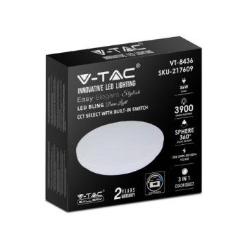 V-TAC VT-8436 dôme rond led lumière 36W surface changement couleur 3in1 Milky Cover avec interrupteur intégré - sku 217609