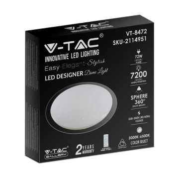 V-TAC VT-8472 plafonnier led effet ciel étoilé blanc 72W - changeur de couleur 3en1 dimmable avec télécommande corps blanc - sku 2114951