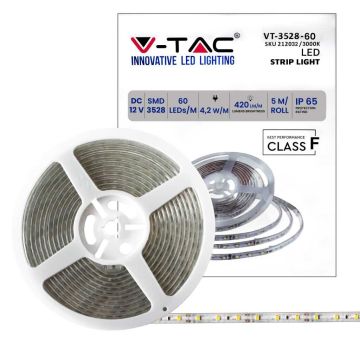 V-TAC VT-3528 Bande de LED 12V SMD3528 5M 5W/M 60LED/M 85LM/W Couleur unique Blanc chaud 3000K Étanche IP65 - SKU 212032