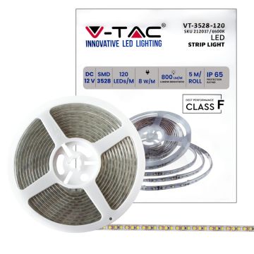 V-TAC VT-3528 bande strip led SMD3528 12V 5M 120LEDs/m 8W/M 100LM/W blanc froid 6500K IP65 - SKU 212037