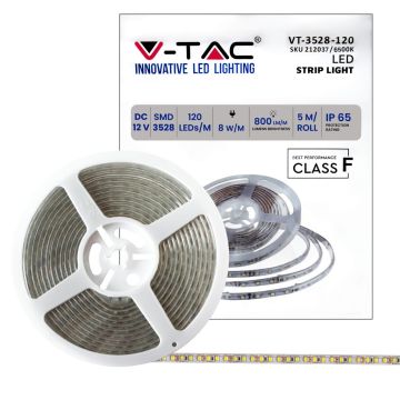 V-TAC VT-3528 12V led streifen strip SMD3582 5M 8W/M 120LED/M 100LM/W kaltweiß 6500K IP65 - SKU 212037