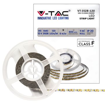 V-TAC VT-3528 120LED/mt smd3528 Streifen 5Mt 8W/mt 12V natürlich weißes Licht 4000k IP20 - SKU 212042