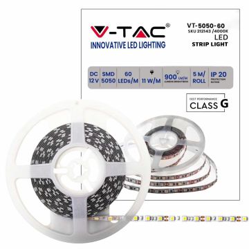 V-TAC VT-5050 Striscia 300LED SMD5050 strip led 12V 5Mt 11W/m 60led/m IP20 bianco naturale 4000K - SKU 212143