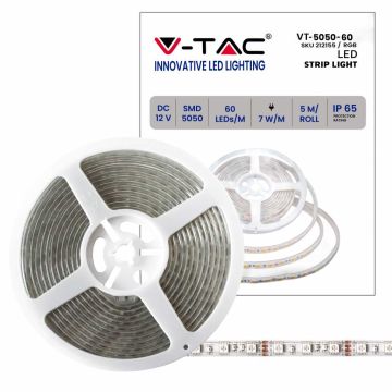 V-TAC VT-5050 12V led streifen strip SMD5050 5M 7W/M 60LED/M 100LM/W RGB-Multicolor Wasserdicht IP65 - SKU 212155