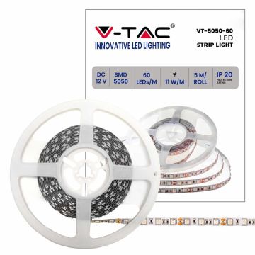 V-TAC VT-5050 Bande LED SMD5050 12V 60LED/M 5Mt lumière jaune unicolore 11W/mt IP20 - SKU 212156